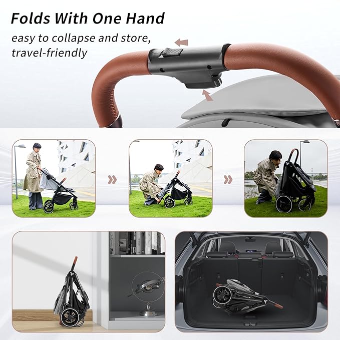 Tinyiota Stroller for Babies,Toddler Strollers with Large UPF 50+ Canopy,Luxury Baby Stroller with Leather Handle & Spacious Seat, One-Hand Foldable Pushchair,Baby Carriage with Lie-Flat Mode(Gray)