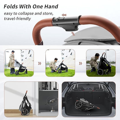Tinyiota Stroller for Babies,Toddler Strollers with Large UPF 50+ Canopy,Luxury Baby Stroller with Leather Handle & Spacious Seat, One-Hand Foldable Pushchair,Baby Carriage with Lie-Flat Mode(Gray)