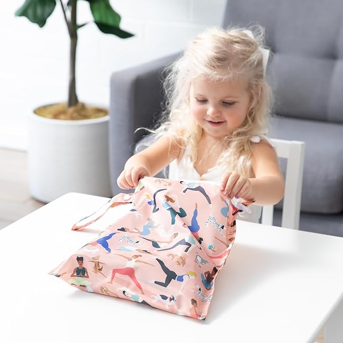 Bumkins - Waterproof Wet Bag & Wet/Dry Clutch Bags - For Beach, Baby, Travel, Swim Suit, Cloth Diapers, Pump Parts, Pool, Gym, Toiletries - Reusable & Easy to Clean - Yoga Pals - 2 Pack