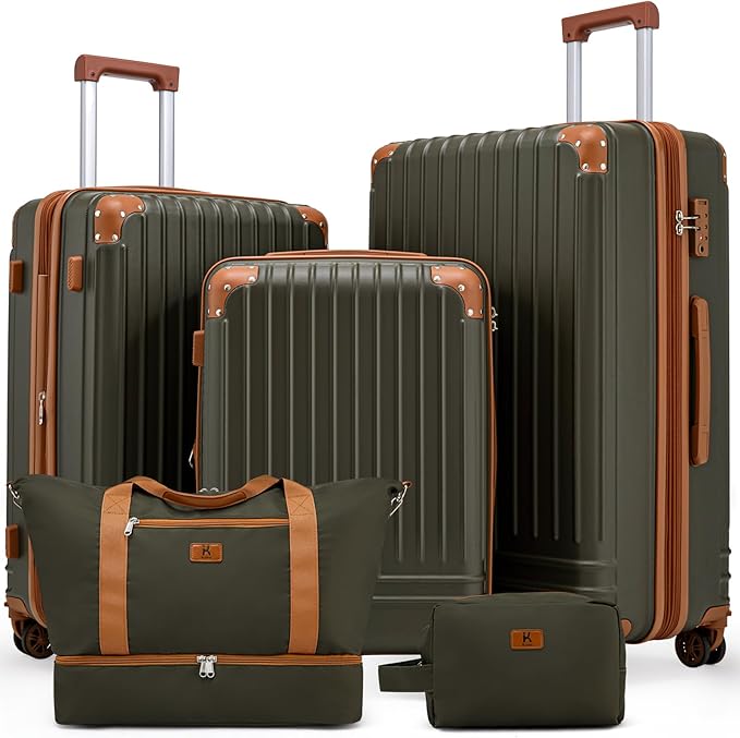 KUNEL Expandable 5 Piece Luggage Sets with Detachable Spinner Wheels and TSA Lock, Unisex Hardside ABS Suitcase Set, Hardshell Lightweight Waterproof Travel Hard Case Suitcases with Wheels, OliveDrab
