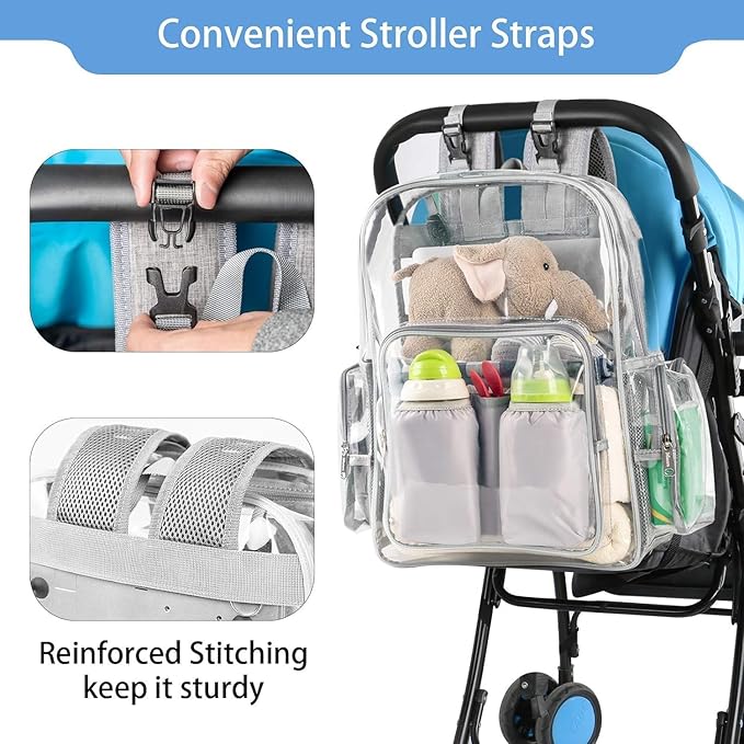Mancro Diaper Bag Backpack, Clear Baby Bag Heavy Duty Transparent Backpack for Girls Boys, Multifunction Large Travel Backpack Maternity Baby Changing Bags for Mom with Stroller Straps, Grey