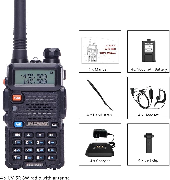 Baofeng UV-5R Dual Band Two Way Radio Handheld Ham Radio Long Range Walkie Talkies Pack of 4 for Hiking Camping Skiing Trip (Black) with 8W
