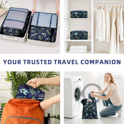 BAGAIL 8 Set Packing Cubes Luggage Packing Organizer Bags for Travel Accessories-Navy Leaf