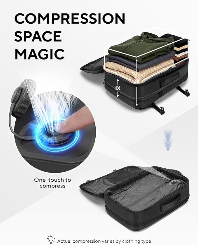 Dinictis Vacuum Seal Travel Backpack 60L Built-in Pump, Expandable Backpack with Vacuum Compression Fits 17 inch Laptop, Water Resistant Carry On Suitcase Luggage for Short Trip and Business-Black