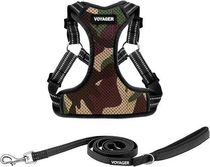 Best Pet Supplies Voyager Mesh Dog Breathable Harness Reflective Stitching, All Weather Adjustable for Walking Training, or Running - Heavy Duty & Durable, Harness Leash Set (Army Base), M