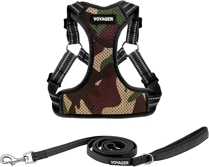 Best Pet Supplies Voyager Mesh Dog Breathable Harness Reflective Stitching, All Weather Adjustable for Walking Training, or Running - Heavy Duty & Durable, Harness Leash Set (Army Base), S
