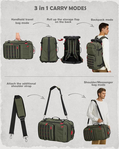 Gonex Travel Backpack, Large Carry-On Nylon Duffle Bag, 3-in-1 Convertible Laptop Bag for Men & Women, Durable for Work & Weekend Travel (Army Green)
