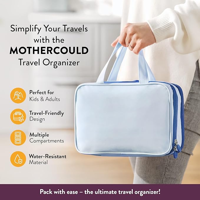 Kids Travel Organizer – Multi-Compartment, Water-Resistant Hanging Bag for Toys, Snacks, & Activities - Compact, Lightweight Design with Hook & Carry Handle - Perfect for Travel Use (Blue, Small)
