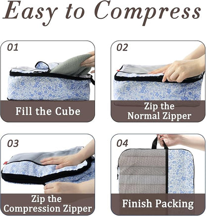 U+U 8 Set Compression Packing Cubes - Ultralight Travel Organizers with Laundry Bag and Cosmetic Bag, Space-Saving Suitcase Organizer for Travel, Business Trip and Family Vacation (Blue Flower)