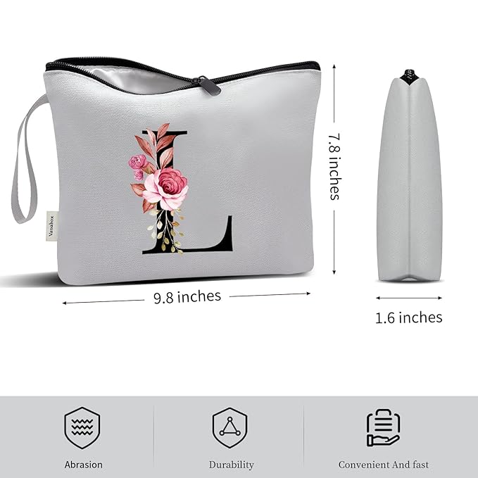 Vavabox A-Z Personalized Makeup Bag, Birthday Gifts for Women Mom, Gifts for Best Friend, Bride Bridesmaid Cosmetic bag (L, Grey)