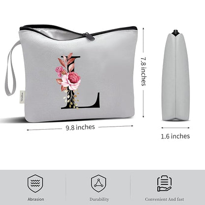 Vavabox A-Z Personalized Makeup Bag, Birthday Gifts for Women Mom, Gifts for Best Friend, Bride Bridesmaid Cosmetic bag (L, Grey)