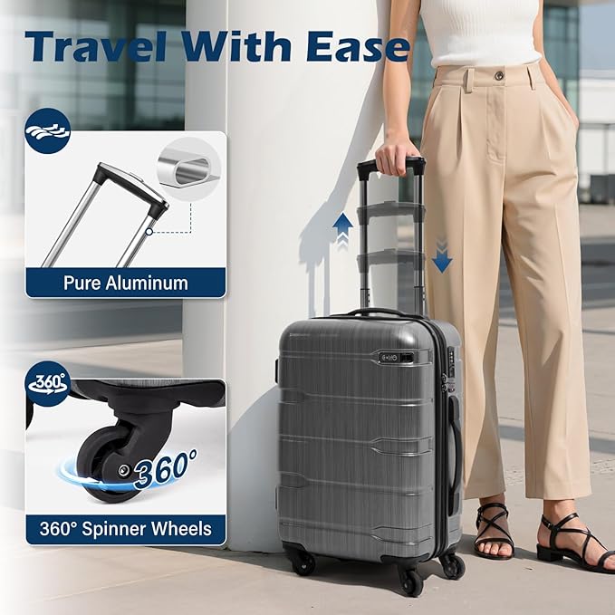 Coolife Luggage PC+ABS Hardshell Suitcase with TSA Lock, Spinner Carry On Lightweight（Charcoal, 20in）