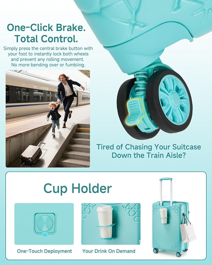 Somago Expandable Carry On luggage with Shock-Absorbing Braking Spinner Wheels Moon Star Design Hard Shell Suitcase with Cupholder TSA Lock (Robin Egg Blue,Expandable 20 Inch)