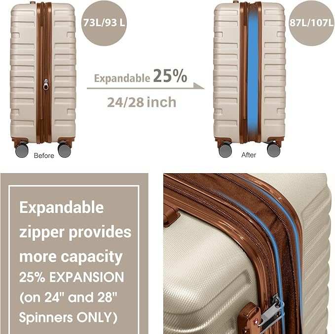 Merax 6 Piece Luggage Set, ABS Hardside Expandable Suitcases with Spinner Wheels TSA Lock, Travel Carry On Suitcase Set, Cream