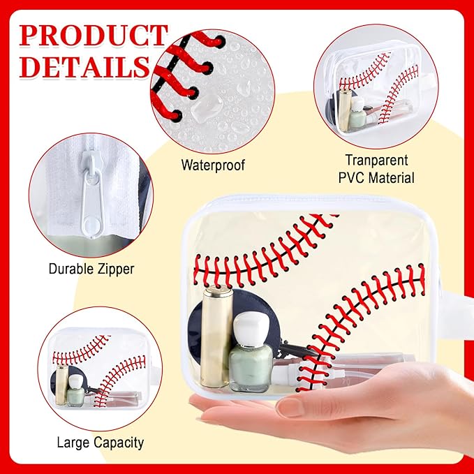 24 PCS Baseball Cosmetic Bags Baseball Gift Accessories Bags Goodie Snack Makeup Pouch Bag Waterproof Clear PVC Travel Bag with Zipper for Girls Valentine Team Gifts Player Sport Party Favors