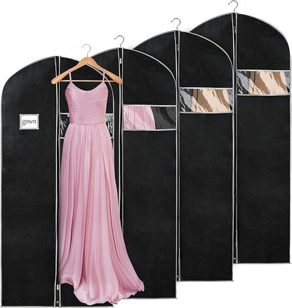 Syeeiex 60'' Dress Bags for Gowns, Set of 4 Garment Bag for Hanging Clothes, Dress Garment Bag, Dustproof and Keep Closet Tidy, Perfect for Suit Evening Dresses Fur Coat Long Dress Gown(Black&Grey)