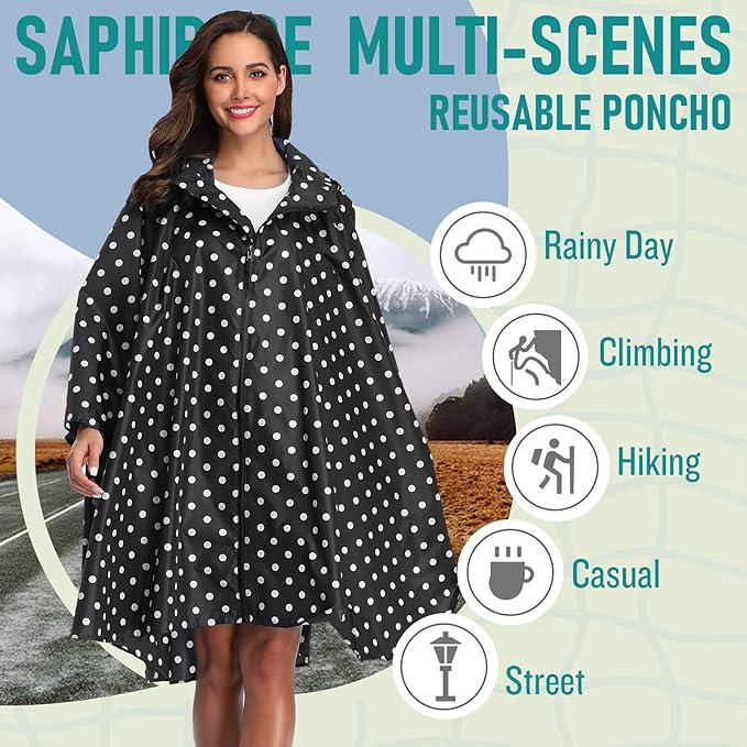 SaphiRose Unisex Rain Poncho Waterproof Raincoat Hooded for Adults Women with Pockets