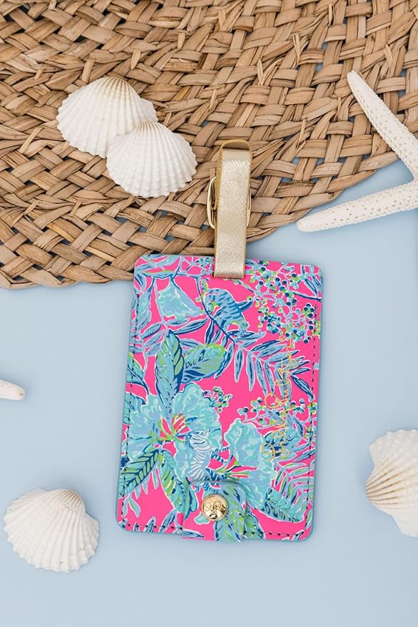 Lilly Pulitzer Leatherette Luggage Tag with Secure Strap, Colorful Suitcase Identifier for Travel