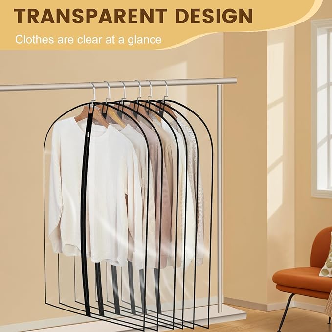 6Pcs Suit Cover Bags Garments Bags Dress Bag Lightweight Firm Plastic Clothes Covers Portable Dust Proof Clothes Protectors Bag All Clear Hanging Clothes Bags for Travels (23.62'' x 47.24'', Black)