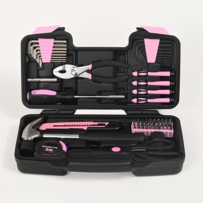 58-Piece Pink Household Tool Set General Household Hand Tool Kit,Small Tool Kit with Plastic Toolbox Mini Tool kit for Women, Office & College Repairs