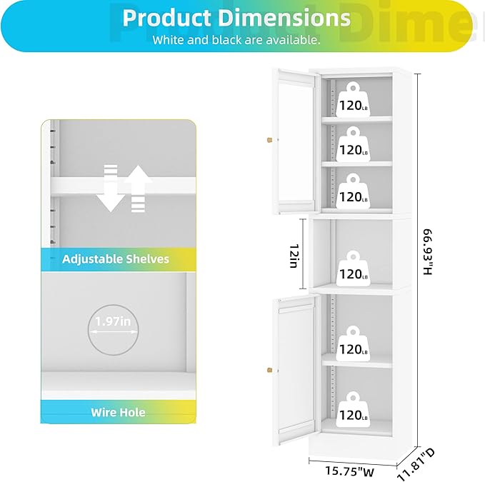 Tall Narrow Storage Cabinet - 67" Slim Bathroom Organizer with 3 Adjustable Shelves, 2 Doors (Left/Right Opening),Metal Floor Cabinet for Small Spaces, Bathroom & Kitchen (Glass, White)
