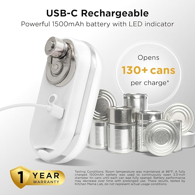 Kitchen Mama Mini Plus Rechargeable Electric Can Opener: USB-C Charging, Hands-Free, Auto Stop, Compact, Cordless, Smooth Edge - Perfect for Seniors with Arthritis, Home, and Travel (White)
