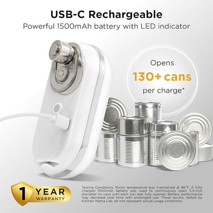 Kitchen Mama Mini Plus Rechargeable Electric Can Opener: USB-C Charging, Hands-Free, Auto Stop, Compact, Cordless, Smooth Edge - Perfect for Seniors with Arthritis, Home, and Travel (White)