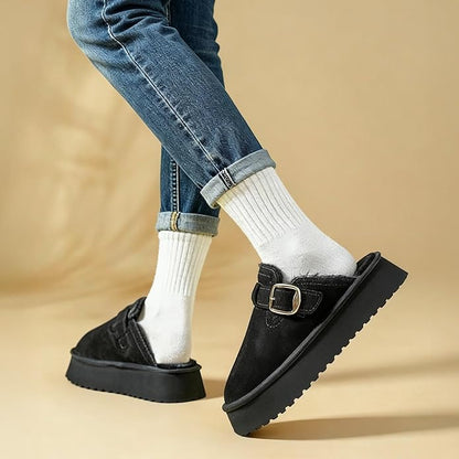 Mishansha Fuzzy Platform Slippers for Women Winter Faux Suede Warm Slippers Cozy House Shoes Outdoor and Indoor