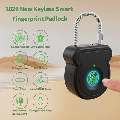 2026 Upgrade Smart Fingerprint Padlock - Keyless Lock with High-Resolution Sensor, 0.5s Unlock, 365-Day Battery, USB Emergency Key for Gym Lockers, Luggage, Backpacks & Gates(Black)
