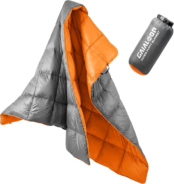Down Puffy Blanket for Car Camping Outdoor Travel Backpacking, Duck Down Lightweight Portable Soft Warm Cozy Camping Blanket Quilt, 53"x78", Light Gray