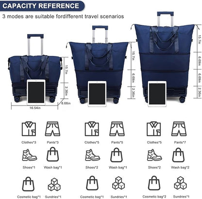 DOJUNS Rolling Duffle Bag with Detachable Wheels, 2025 Upgrade Expandable Foldable Suitcase for Travel, Collapsible Luggage Carry on Duffel Overnight Weekend Bag (Dark Blue)