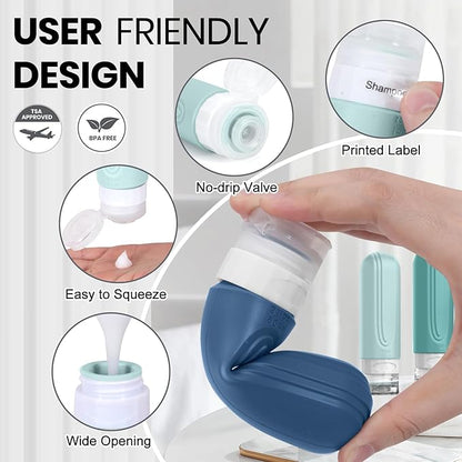 Travel Bottles for Toiletries 8 Pack, TSA Approved Travel Size Toiletries Containers Set, 4 Silicone Leak Proof Refillable Bottles and 4 Creams Jars Accessories Kit W/Clear Bag (GREEN)