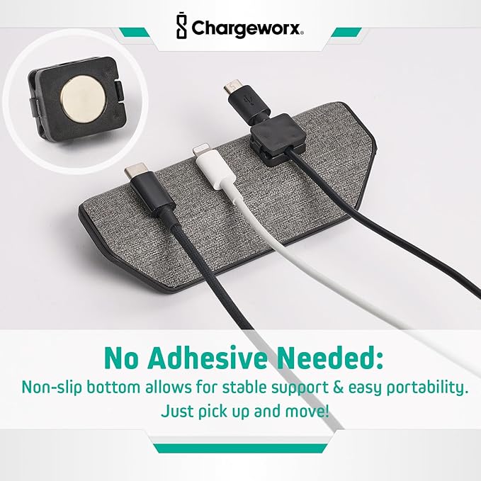 CHARGEWORX Magnetic Cable Organizer – 2 Pack - Weighted Non-Adhesive Cord Holder with 3 Magnetic Clips for USB-C, Lightning & MagSafe Cables – Desk, Office & Nightstand Cable Management