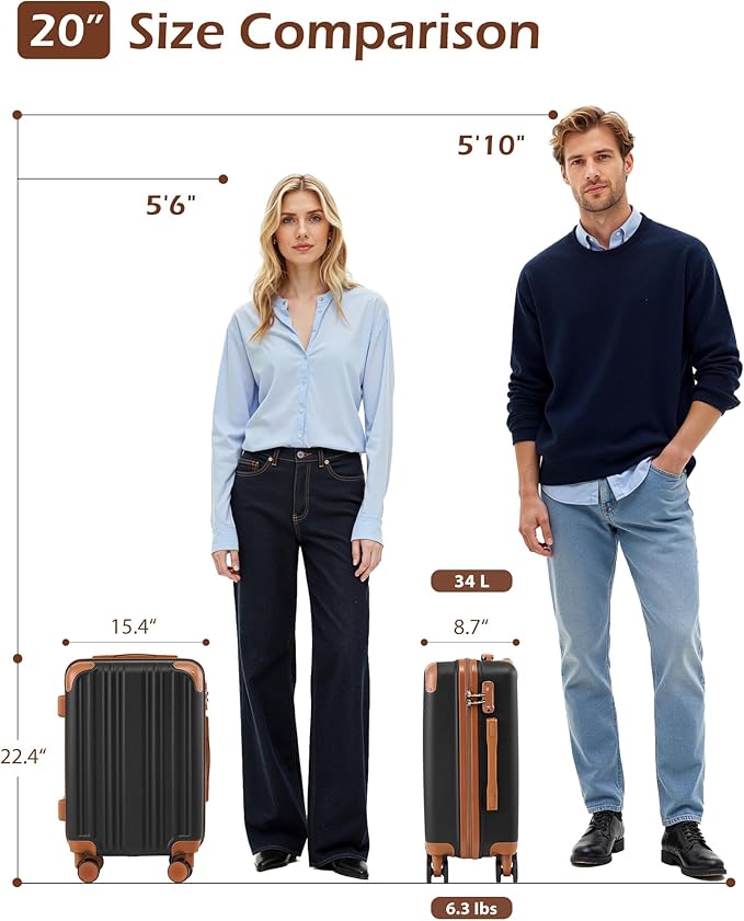 Coolife Carry On Luggage, Suitcase with Durable and Lightweight, carry on suitcase with ABS Hardshell, Dual Spinner Wheels, TSA Lock, and YKK Zipper (apricot black, S(20in)_carry on)