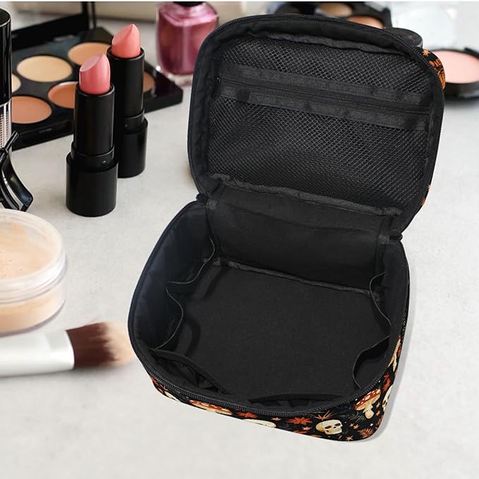 MNSRUU Makeup Bags, Mushrooms Skull Makeup Organizer Bags Toiletry Bag Box Travel Cosmetic Bag Make Up Train Case for Women Teen Girl Ladies