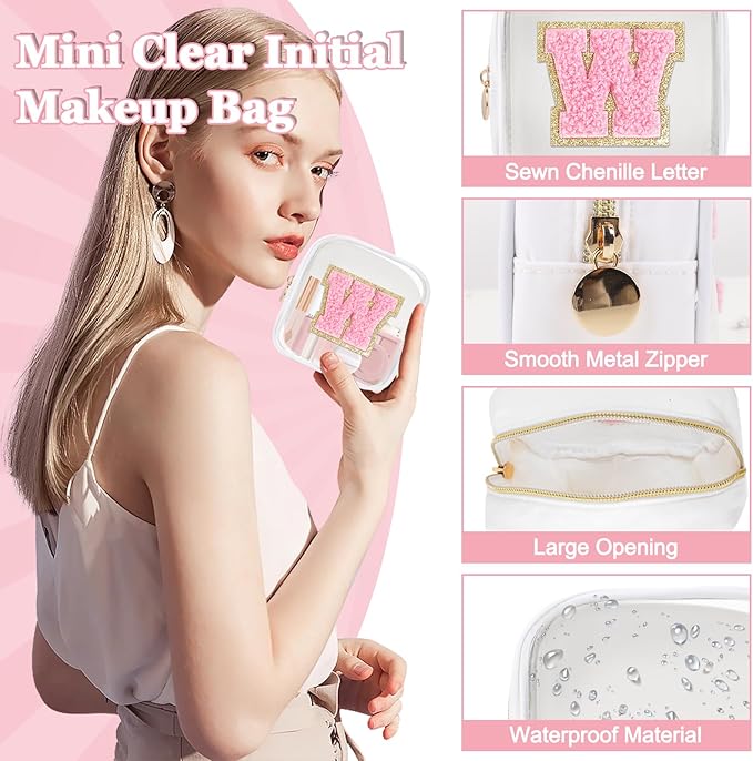 Iqimott Mini Clear Personalized Initial Makeup Bag, Small Preppy A-Z Chenille Letter Patch Cosmetic Pouch, Transparent PVC & Nylon Waterproof Zip Beach Toiletry Bag,Gift for Women Girls(White-Pink W)