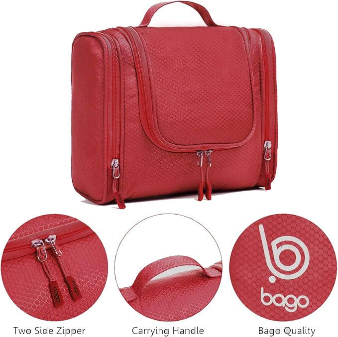 Bago Travel Toiletry Bag for Women and Men X-Large Waterproof Hanging Large Toiletry Bag for Bathroom and Travel Bag for Toiletries Organizer -Travel Makeup Bag (Red)