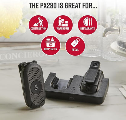 Cobra PX280 Compact Portable FRS Two-Way Radios - IP54 Certified Durability, Dock Charging, 12-Hour Battery Life, Compact Wearable Form Factor Professional Walkie Talkies for Business (2-Pack)