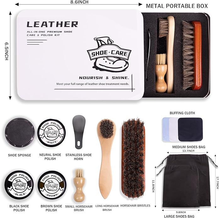 14 Pcs Premium Shoe Shine & Care Kit, Leather Boot Polish and Cleaning Tools - Shoe Care Set for Men & Women