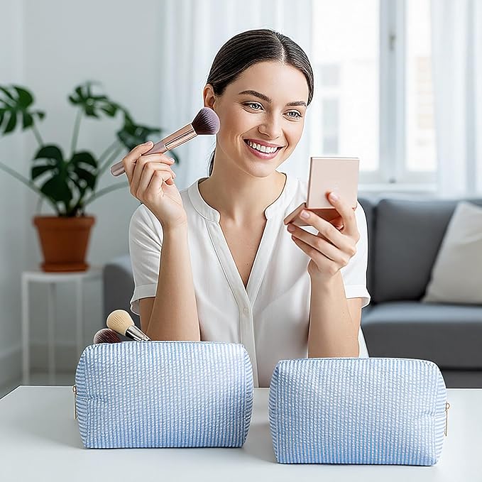 Sanwuta 6 Pcs Seersucker Cosmetic Bags Bulk Seersucker Makeup Bags Stripe Women Pouch Large Preppy Storage Pouch Toiletry Travel Organizer for Wedding Bridesmaid Bride Favor Mom Gift (Blue)