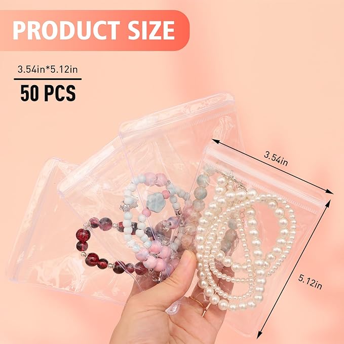 50 Large Plastic Jewelry Bags with Zipper, Clear Anti Tarnish Jewelry Bags for Small Business