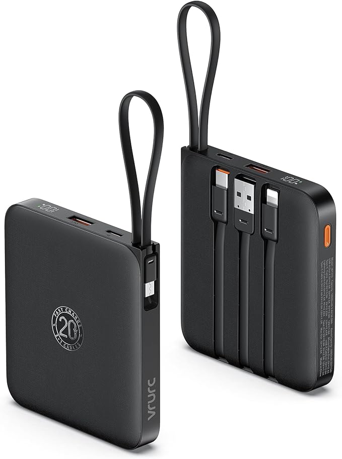 VRURC Portable Charger with Built-in Cable, 10000mAh 22.5W Fast Charging USB C Battery Pack, Cell Phone Power Bank for iPhone 17 16 15 Samsung Galaxy S25 S24 S23 Series Android Tablet, Black(1 Pack)