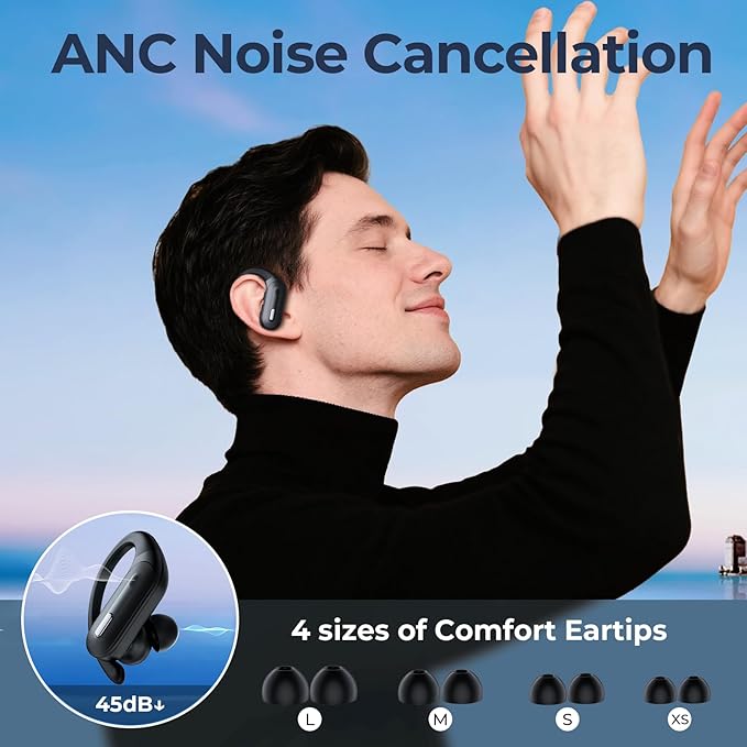 Active Noise Cancelling Wireless Earbuds Bluetooth Headphones 90 Hrs Playtime Ear Buds with Power Display Over-Ear Earphones with Earhooks IPX7 Waterproof Stereo Transparency Headset for Sports/Gym