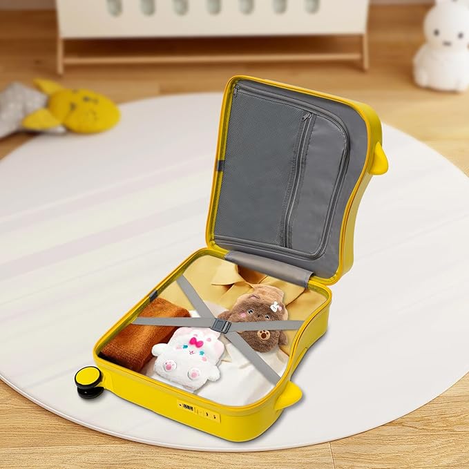 18-Inch Kids Ride-On Suitcase - Cute Lightweight Trolley Luggage with 4 Silent Spinner Wheels & Lock for Travel - Perfect for Ages 3-6 (Yellow)