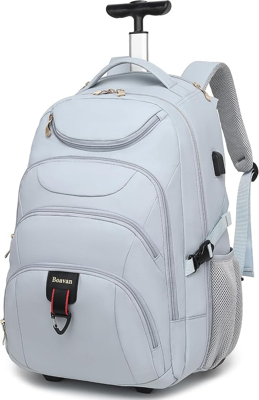Boavan Rolling Backpack for Women, 17.3 Inch Wheeled Laptop Backpack,Large Travel Carry-On Bag for Teachers College Students, USB Charging Port Waterproof Business for Airplane Overnight Luggage，Blue