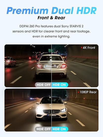 DDPAI 4K Dual Dash Cam Front and Rear, Dual STARVIS 2 IMX678 IMX662 Dashcam, Free 128G Card Included,Car Camera with 32G eMMC, 3K/60FPS, 5G WiFi GPS, 3" IPS, Night Vision, 24H Parking Mode, Z60 Pro