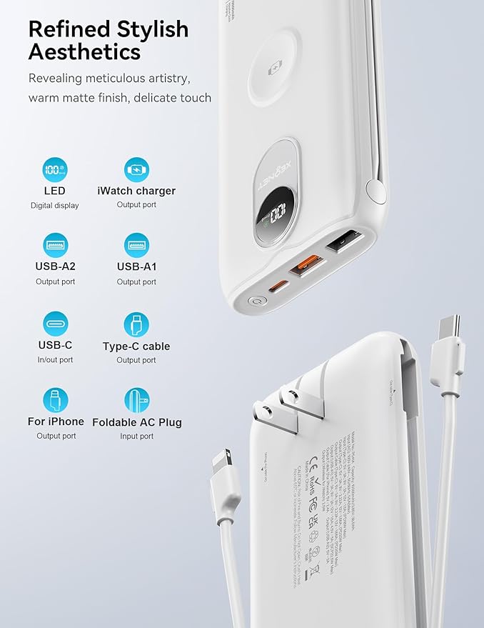 Portable Charger, 10000mAh 22.5W Fast Charging Power Bank with Built in Cable & Wall Plug, Travel Essential Battery Pack with LED Display, External Charger for iPhone 17/16, iWatch 11/10/9/8/Ultra/SE