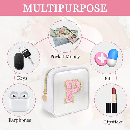 Mini Clear Personalized Initial Makeup Bag,Small Nylon Waterproof Zip Beach Cosmetic Pouch,Preppy A-Z Chenille Letter Patch Cute Coin Purse Travel Toiletry Bag Car Pack Bag for Women(White-Pink P)