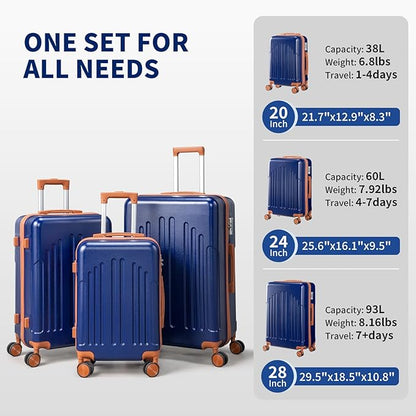 Karl home Luggage Sets 3 Piece, ABS Hardside Suitcase Set with Double Spinner Wheels & TSA Lock for Travel Business, 3-Piece Set (20/24/28), Navy Blue & Brown