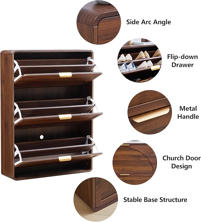 Hidden Shoe Cabinet with Drawer, Free Standing Narrow Shoe Rack Cabinet for Entryway Slim, 3 Flip Drawer Shoe Storage Organizer Cabinet for Entry,Hallway,Door,Dorm,Small Spaces - Walnut